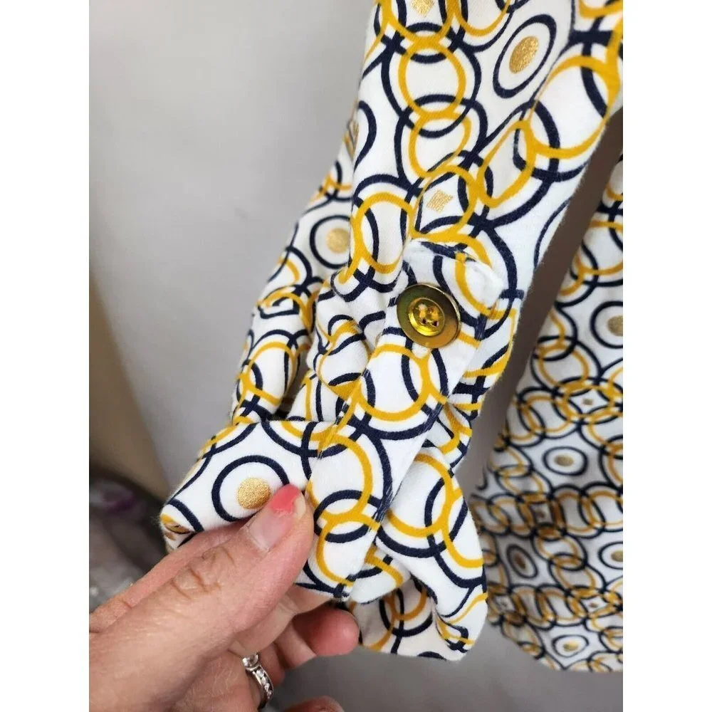 Lark Lane Yellow Blue Circle Print Qortek Button Tab Sleeve Blouse‎ Medium